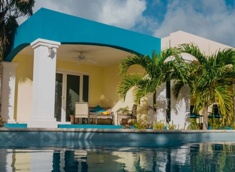 Outdoor pool area surrounded by palm trees