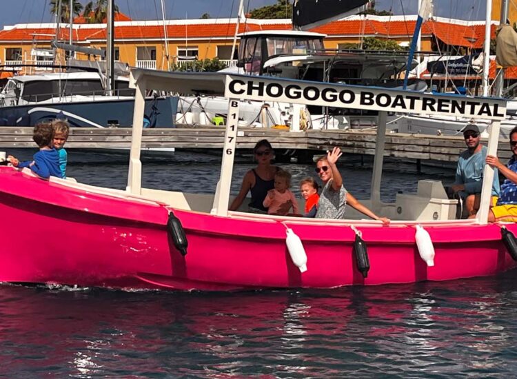 People aboard a bright pink sailboat in the ocean