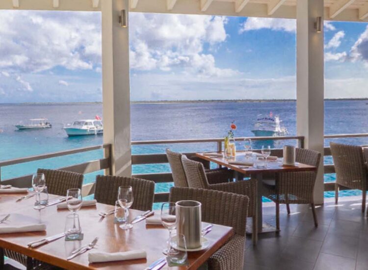 Outdoor dining area by the ocean