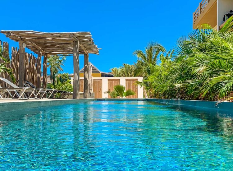 Outdoor pool area surrounded by lounge chairs