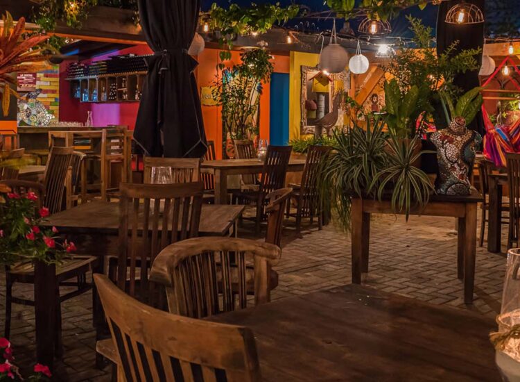 Outdoor dining area at night