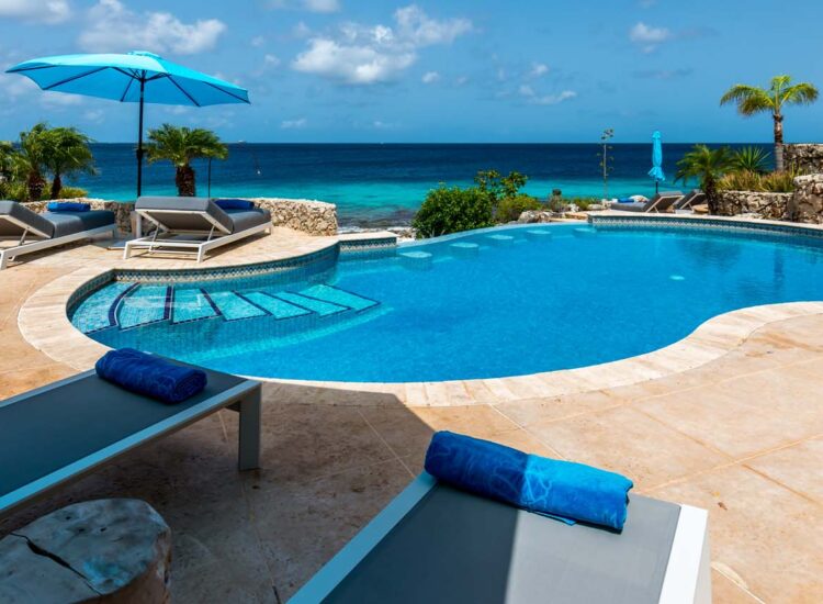 Outdoor pool area with sun lounge chairs and palm trees by the ocean