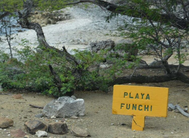 Sign with the beach name by the ocean shore