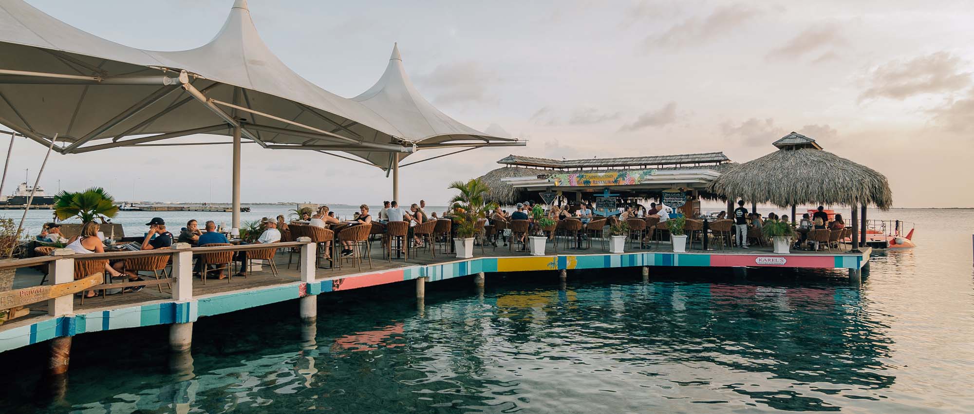 Restaurant seating on waterfront pier