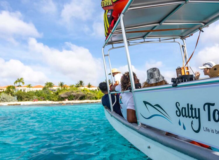 Multiple people aboard a tour boat in the ocean